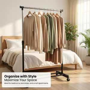 Single Pole Metal Retractable Laundry Drying <b>Racks</b> Portable Rolling <b>Clothes</b> <b>Rack</b> Freestanding Garment <b>Rack</b> with 360° Wheels - Product Image 5