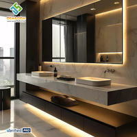 Ensemble de meuble-lavabo de salle de bain moderne en marbre doré OEM 2025 avec panneau de meuble en cuivre et robinet de lavabo, idéal pour la chambre, la table à manger et le bureau