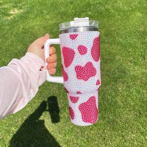 20 Pack Custom logo Black Brown purple Blue Rose Cow Print Rhinestone Bling studded <b>40oz</b> <b>Tumbler</b> <b>with</b> <b>Handle</b> Lid and Straw - Product Image 2