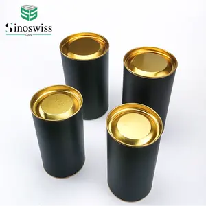 Food Grade Plain Black Paper Cylinder Packaging Tube With Gold Metal Plug For Coffee Or Tea