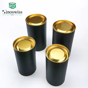 Food Grade Plain Black Paper Cylinder Packaging Tube with Gold Metal Plug for Coffee or Tea