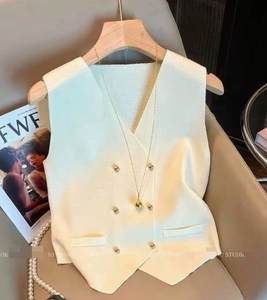 Haut Court en Maille pour <span class=keywords><strong>Femme</strong></span>, Boutonné, Sans Manches, Protection Solaire, Style Preppy - Product Image 4