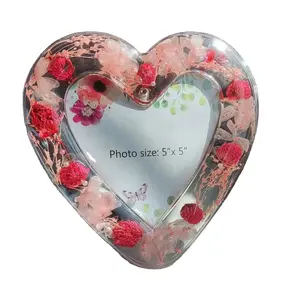 Acrylic khung ảnh 5 * 5in hình trái tim khung ảnh chất lượng cao với hoa khô pha lê phong cách hiện đại