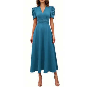 เดรสยาวรัดรูปเอวสำหรับผู้หญิง - เดรสแขนพองคอวีแบบเป็นทางการแฟชั่น - Product Image 4