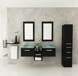 黑色双层玻璃水槽铝手柄浴室镜柜家具套装