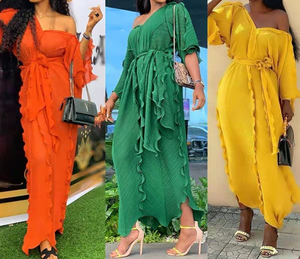 Zhezhe ชุดเดรสผู้หญิงสไตล์แอฟริกันแขนครึ่ง2024, เดรสคอวีอัดพลีทแต่งระบายขอบมุกผ้าชีฟอง - Product Image 1