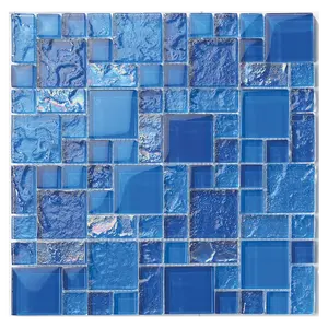 Mosaico de vidro iridescente para piscina, produto barato, mosaico de vidro em cores azuis 12x12 polegadas