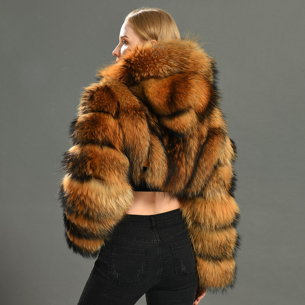 定制女士冬季短款毛皮大衣潮流风格蓬松的oem保暖真皮浣熊夹克 - buy