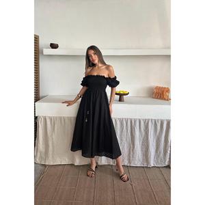 Robe élégante noire à épaules dénudées, taille élastique, coupe trapèze, dos nu, tissée, respirante, pour le quotidien et les occasions décontractées - Product Image 5