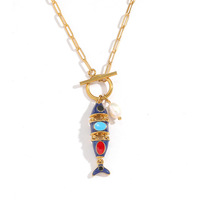 Kalung Liontin Ikan Enamel Baja Anti Karat Berlapis Emas Haomi CE, Liontin Ikan 3D Warna-warni, Rantai Curb, Perhiasan untuk Wanita