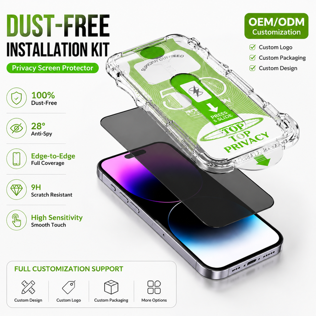 OEM Custom 9H Privacy High Transparent Tempered Glass Screen Protector for iPhone 11-18with Dust Removal Easy App