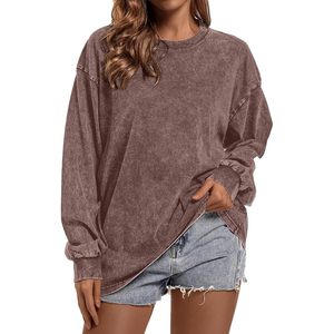 Camiseta de Manga Larga Oversize con Cuello Redondo FOXA para Mujer, Ajuste Holgado, Estilo Vintage, Lavado Ácido, Color Sólido, Talla Grande, Sudadera de Algodón - Product Image 1