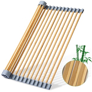 Kitchen Double Protected Wooden Bamboo Foldable Roll up Dish Drying Rack Over The Sink