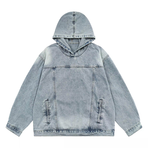 Sweat à capuche en denim personnalisé pour homme, 100 % coton, noir et bleu, coupe oversize, épaules tombantes, style vintage, délavé à l'acide, effet usé, haute qualité - Product Image 2