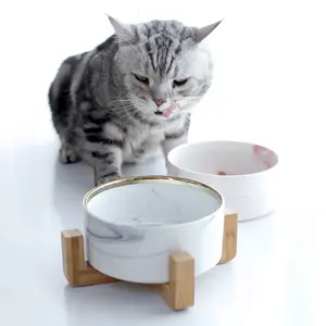 Cổ Điển Đẹp Gốm Đá Cẩm Thạch Pet Bowl Thiết Kế Nghệ Thuật Với Gỗ Đứng Dog Cat Thức Ăn Bát Nước Feeder