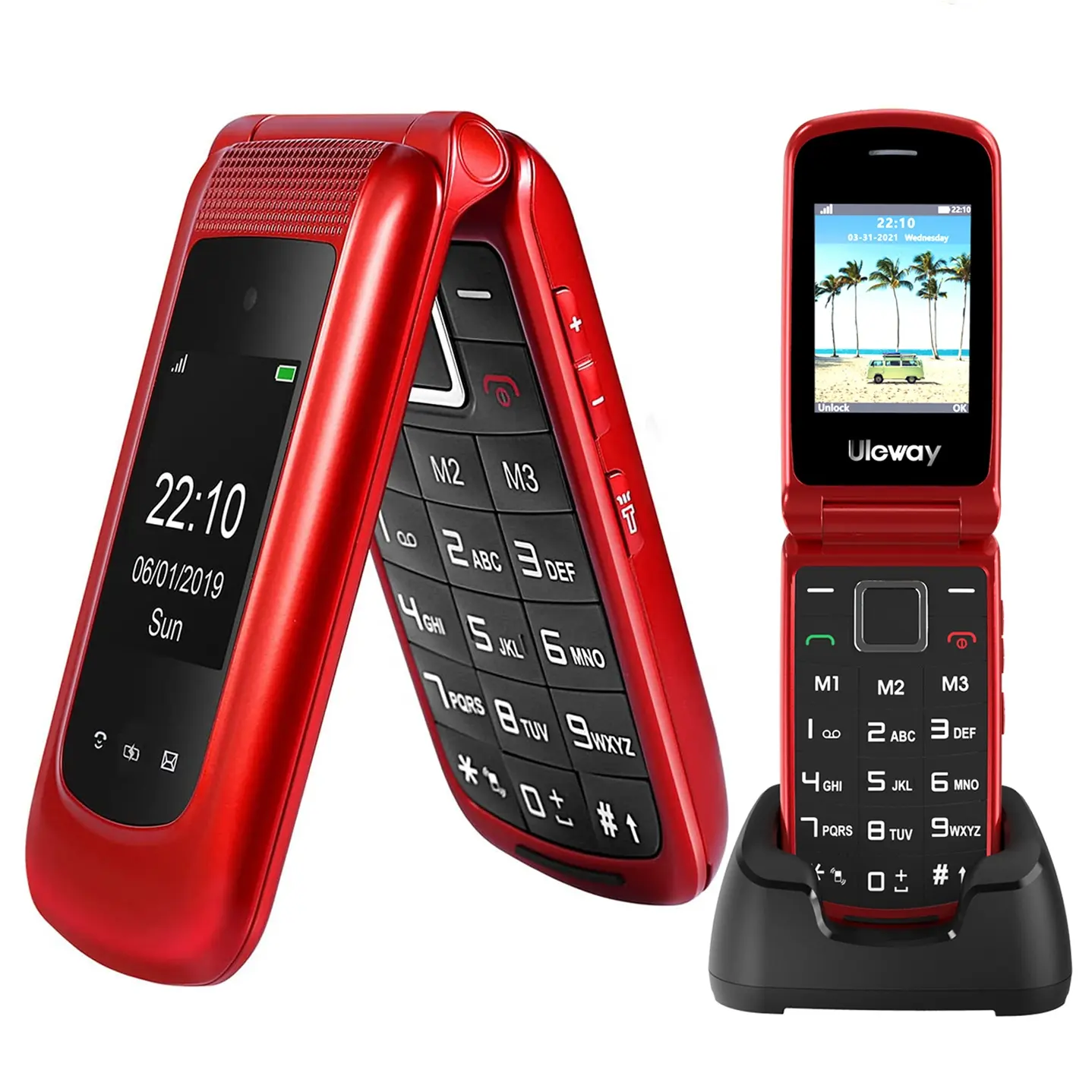 Factory High Quality Unlocked 4g Bar Cell Phone Flip 1.77+2.4'' Dual Display 4g Senior Mobile Phone Without Contract -Red