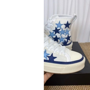 Baskets montantes en toile blanches et bleues à étoiles, chaussures décontractées brodées d'étoiles pour hommes/femmes, chaussures de skate à lacets à semelle épaisse - Product Image 1