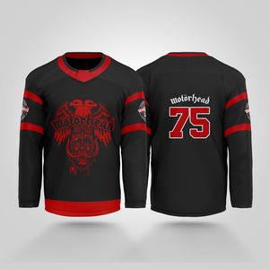 قميص هوكي عالي الجودة بتصميم مخصص مطبوع بالتسامي، طقم فريق بألوان أسود وأحمر مع شعار النسر - Product Image 1