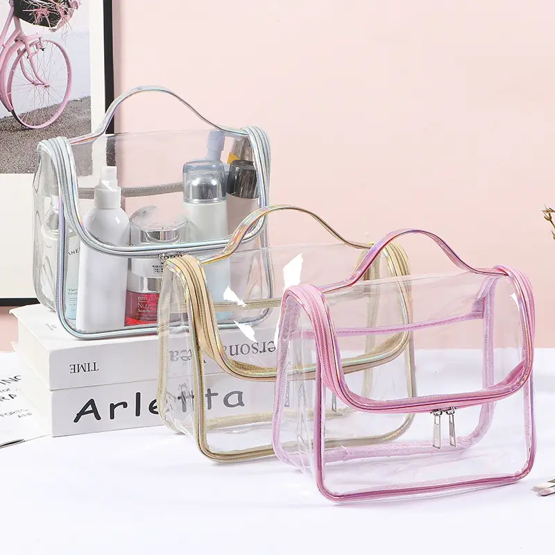 Transparente Make-up-Kosmetik tasche für Frauen mit Reiß verschluss und Griff Klare PVC-Reisetaschen für Toiletten artikel Klare Make-up-Taschen