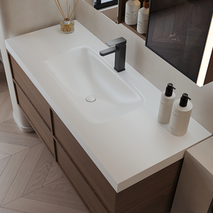 Meuble-lavabo de salle de bain <span class=keywords><strong>Anran</strong></span>, nouveau style moderne du milieu du siècle, en bois de noyer, avec un lavabo intégré en dalle de roche cintrée à chaud, à fixer au mur - Product Image 2