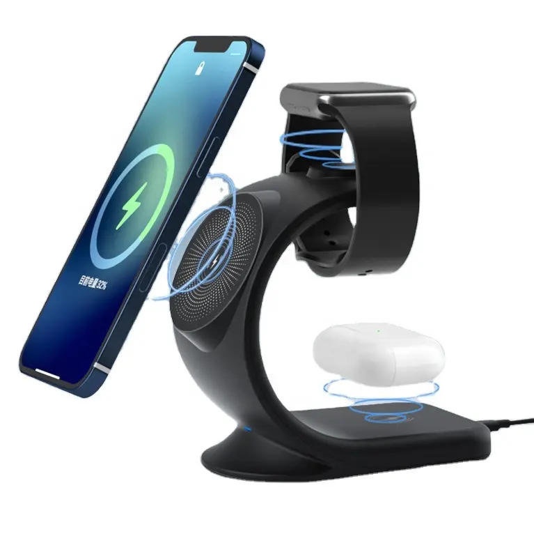 Custom mobile phone stand dock holder 15W desktop fast charging 3 in 1 boat shape magnetic wireless charger for iPhone charger