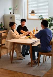 Demi-<span class=keywords><strong>maison</strong></span> vente directe d'usine Table à manger pliante en bois massif ensemble avec 6 chaises rétractables Mobilier de <span class=keywords><strong>maison</strong></span> peu encombrant - Product Image 3