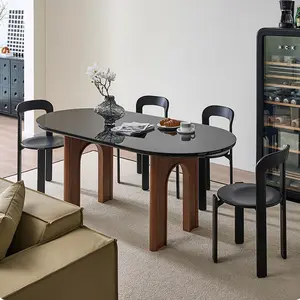 黑色复古椭圆形胡桃木餐桌实木酒店家居奢华定制钢化玻璃木质餐桌