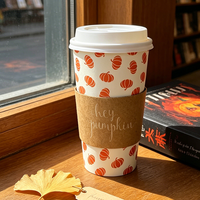 Gobelet à café en papier personnalisé de 16 oz avec motif citrouille d'automne, manchon en kraft et couvercle – Tasse jetable écologique pour les fêtes