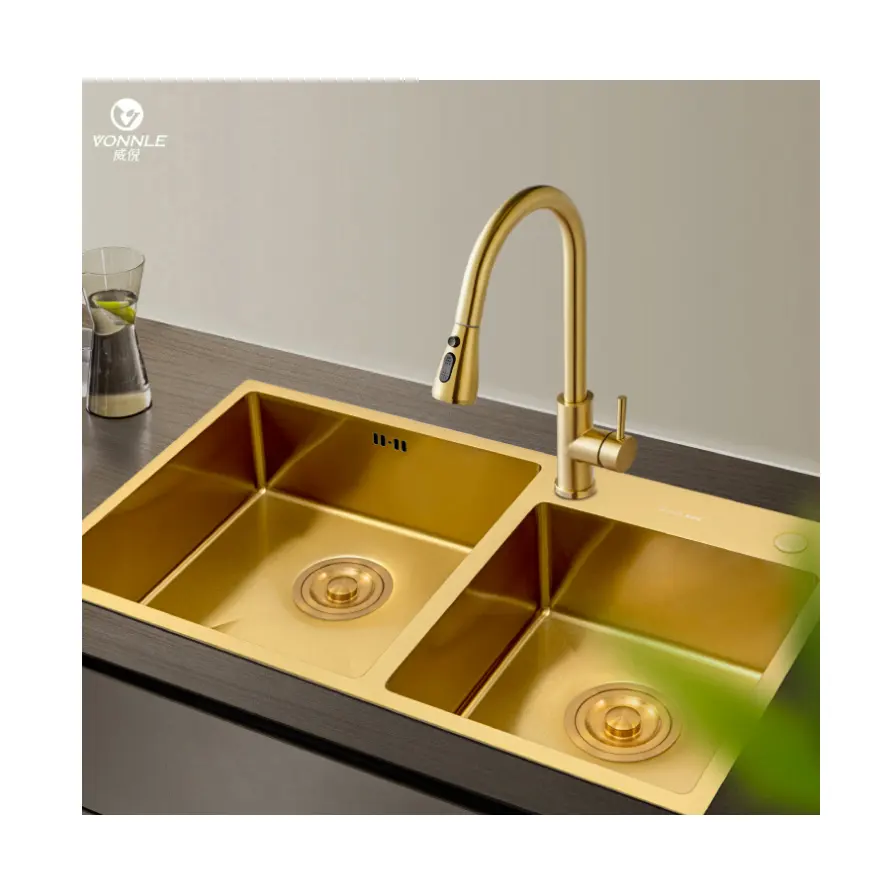Semplice e moderno dorato cucina domestica in acciaio inox lavabo cucina lavello in acciaio inox cucina doppia vasca lavelli
