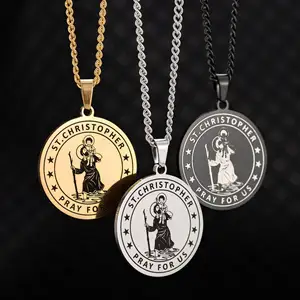 Round St. Christopher Pendant Jewelry Pray for Us Men Women Catholic Religious Stainless Steel Necklace