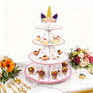 Support à gâteau en papier à trois étages sur le thème de la licorne, 37 cm, pour fête d'anniversaire, présentation de desserts, impression numérique ronde, respectueux de l'environnement - Product Image 2