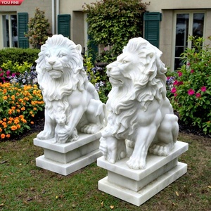 Statua di Leone e Cucciolo in Marmo Bianco a Grandezza Naturale, Scolpita a Mano in Pietra Naturale, Decorazione Romantica da Giardino YOUFINE - Product Image 1