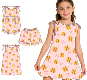 Conjuntos de Shorts y Vestidos para Bebés Niñas con Lazos de Softbol Personalizados para Día de Partido, Diseños con Borde Festoneado, Vestido Tipo Romper Burbuja para Bebé, Ropa para Hermanas - Product Image 1