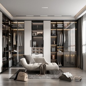 BALOM Dressing Moderne Personnalisé Noir et Blanc en Bois <span class=keywords><strong>avec</strong></span> Portes Vitrées, Éclairage LED Multi-Zones, Écologique - Product Image 1