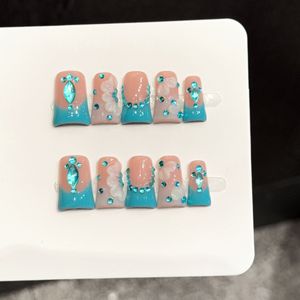 <span class=keywords><strong>Ongles</strong></span> <span class=keywords><strong>en</strong></span> acrylique épais personnalisés OEM, style French, avec strass bleus, 10 pièces, qualité salon, faits à la main, à presser, fournisseur - Product Image 1