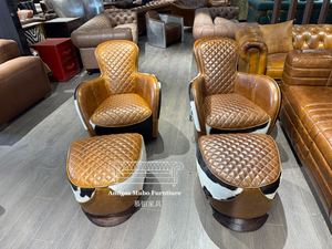 เก้าอี้เท้าแขนอานโบราณเก้าอี้พักผ่อนหนังแท้สีน้ำตาลแท้และออตโตมัน - Product Image 4