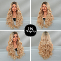 Perruque bouclée extra longue blonde ombrée Mixte Blanc Partie Moyenne Perruque Body Wave super longue Perruque de cheveux en fibre synthétique pour le quotidien 32 pouces
