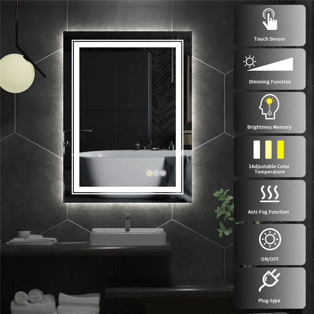 Customizable UL Certified Smart Dimmable Defogging Silver Glass Bathroom LED Light Mirror