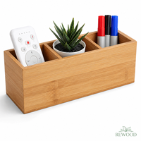 Organisateur de bureau en bambou naturel, boîte de rangement de bureau avec 3 compartiments, porte-stylos, porte-télécommande, organisateur de fournitures de bureau