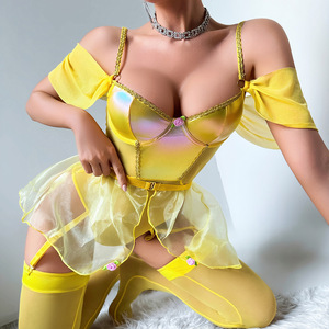 <strong>Yellow</strong> Princess Belle Cosplay Shiny Underwire <strong>Bra</strong> Off Shoulder Sleeves Ruffle Skirt Garter Stockings Women Mesh Lingerie Sets - Product Image 4