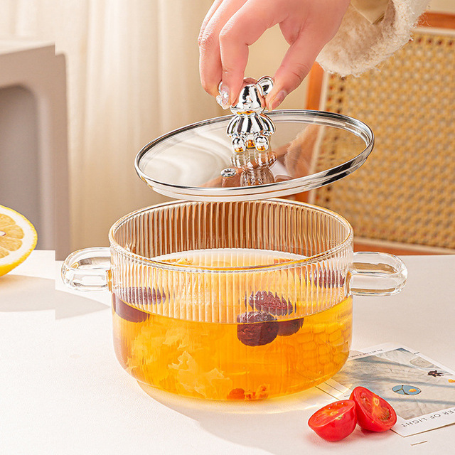High Borosilicate Bear Glass Small Soup Pot with Lid Open Flame Transparent Glass Pot Kitchen Gadgets Conjuntos De Panelas