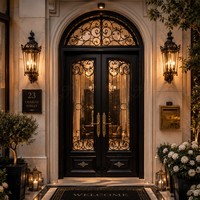 Porte d'entrée double française sur mesure en fer forgé avec vitrage à grille divisée et deux panneaux latéraux pour l'extérieur de la maison