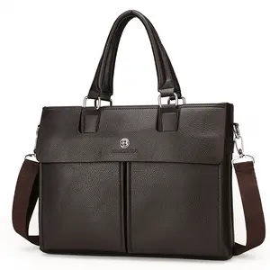 Fashion leather men's business laptop bag black document bag briefcase with many pockets cool computer bag