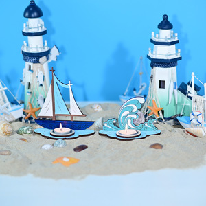 Décoration d'intérieur transfrontalière d'été, style océanique méditerranéen, thème nautique créatif, bougeoir en buis avec motif de voile et effet de brume - Product Image 3