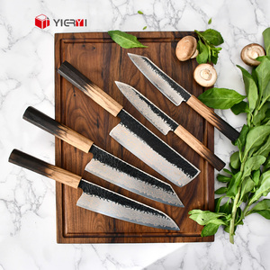 Ensemble de 5 couteaux de chef en acier carbone, acier damas et cuivre, manche en bois de chêne fumé massif, couteaux de cuisine japonais forgés à la main - Product Image 5
