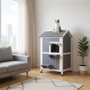 Maison pour chat en bois à deux étages de style ferme moderne, abri résistant aux intempéries avec porte d'évacuation et design mobile - Product Image 2