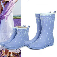 Bottes de pluie imperméables en caoutchouc pour femmes, bottes de pluie mi-hautes pour adultes, imprimées de fleurs tendance, toutes saisons