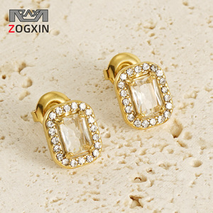 Zogxin Geometric Stud Earrings 18K Plated Square Zircon Bezel Setting For Women Party Jewelry - Product Image 1