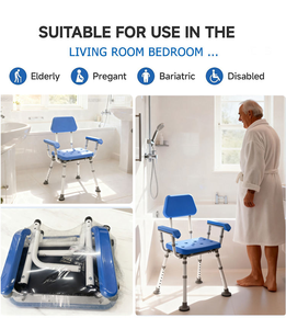 Chaise de douche bariatrique bleue 550 LBS avec housse en coton, accoudoirs réglables, dossier en PU, siège large, 7 niveaux, tabouret de bain en aluminium de 1,4 mm pour <span class=keywords><strong>personnes</strong></span> âgées - Product Image 2