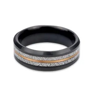 Poya Meteoriet Tungsten Ring 8Mm Zwarte Meteoriet Inlay Gold Line Mens Vintage Luxe Wedding Band
